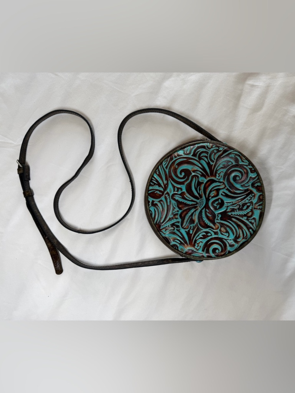 Patricia Nash Turquoise and Brown Tooled Leather Round Crossbody Bag
